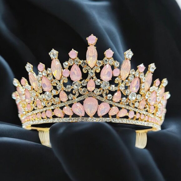 Pink Gemstone Tiara, Bridal Wedding Gold Crown, Birthday Princess Pink Crown